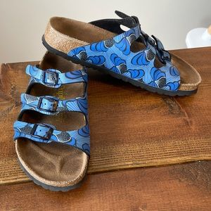 Birkenstock Papillio Blue Printed 3 Buckle Slip On Sandals